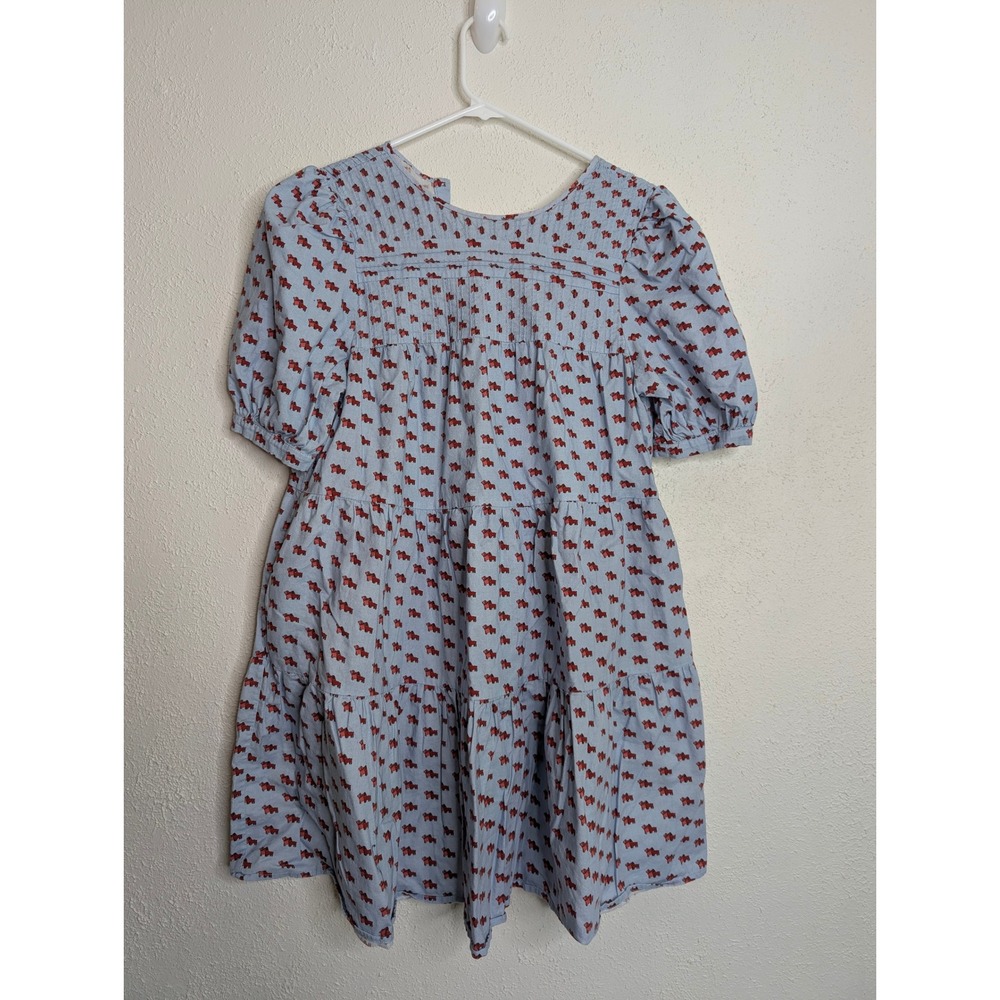 Find Me Now Womens Tiered Mini Dress Large Blue Dog Print Cotton Puff Sleeve